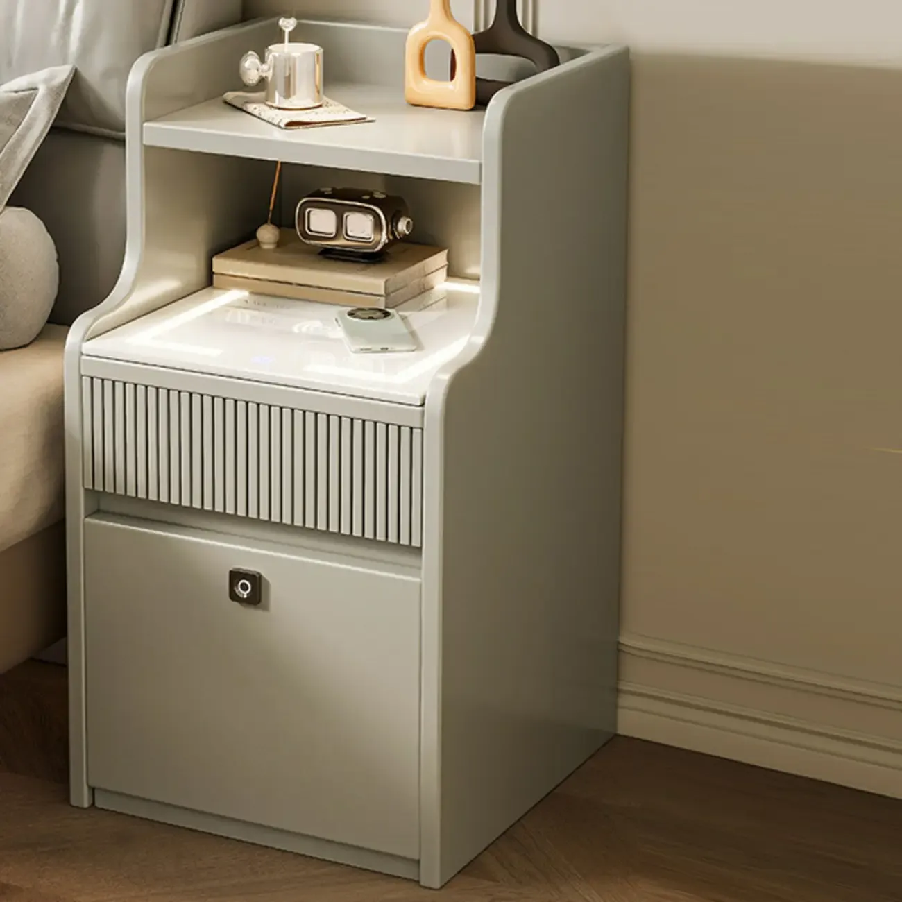 Smart Versatile White Wood Nightstand with Fingerprint Lock
