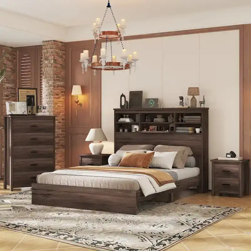 4-Pieces Bedroom Sets Queen Size Vintage Wooden Bed Frame with 2 Nightstands and 1 Dresser