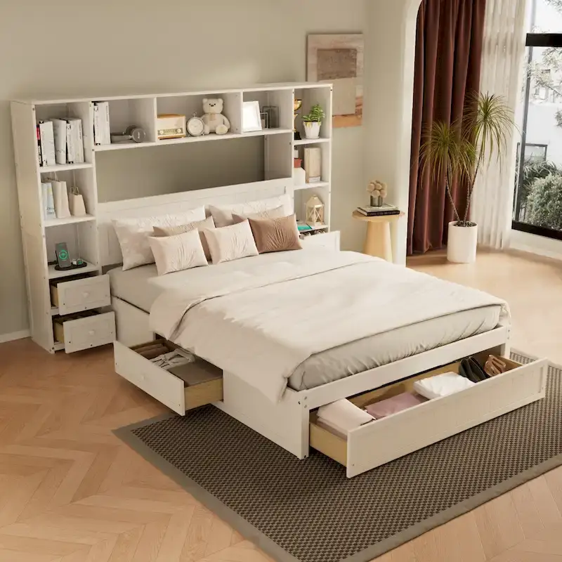 Pine Wood Platform Bed with 2 All-in-one Nightstand, Bookcase Cabinet and 2 Charging Stations, 3 Drawers, Captain Bed Frame