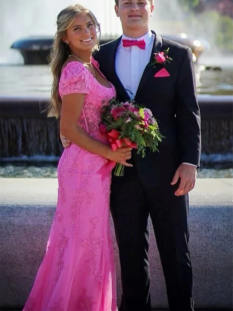 Champagne Appliques Square Neck Puff Sleeves Long Prom Dress