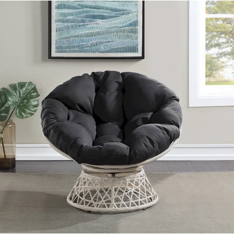 Papasan Chair with Round Pillow Cushion and Cream Wicker Weave