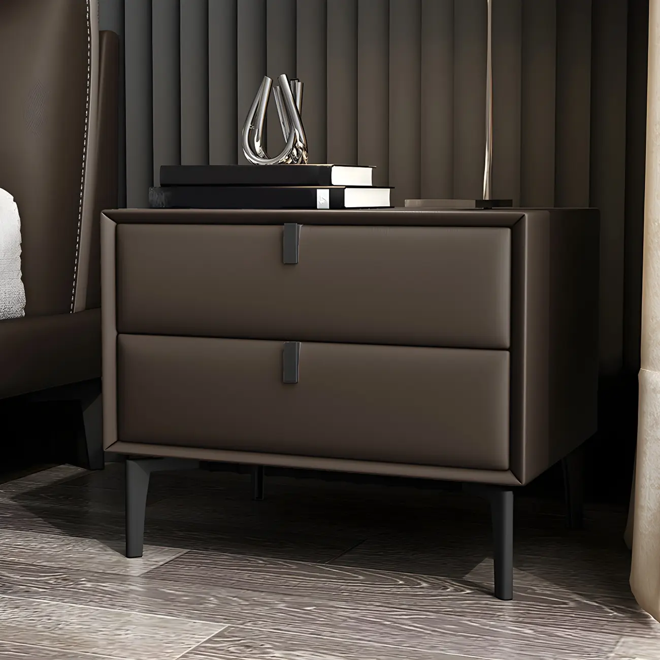 Modern Black Leather Bedside Table with Drawers
