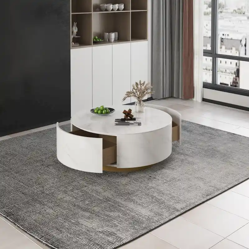 Modern Drum Coffee Table with Oak Veneer, Sintered Stone Coffee Table with 2 Solid Wood Drawers