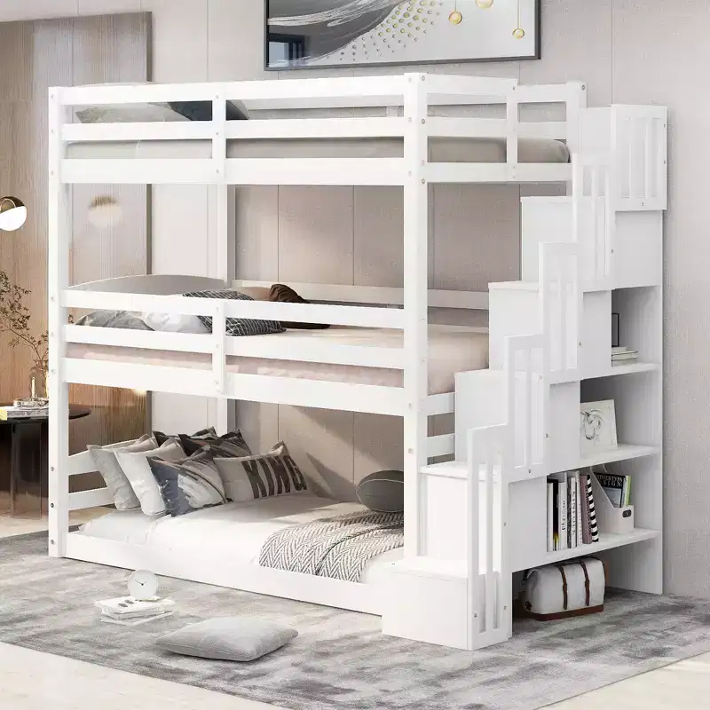 Twin Size Triple Bunk Bed with Storage Staircase, Convertible 3-in-1 Wooden Bunk Bed Frame with Safety Rails, White - ModernLuxe