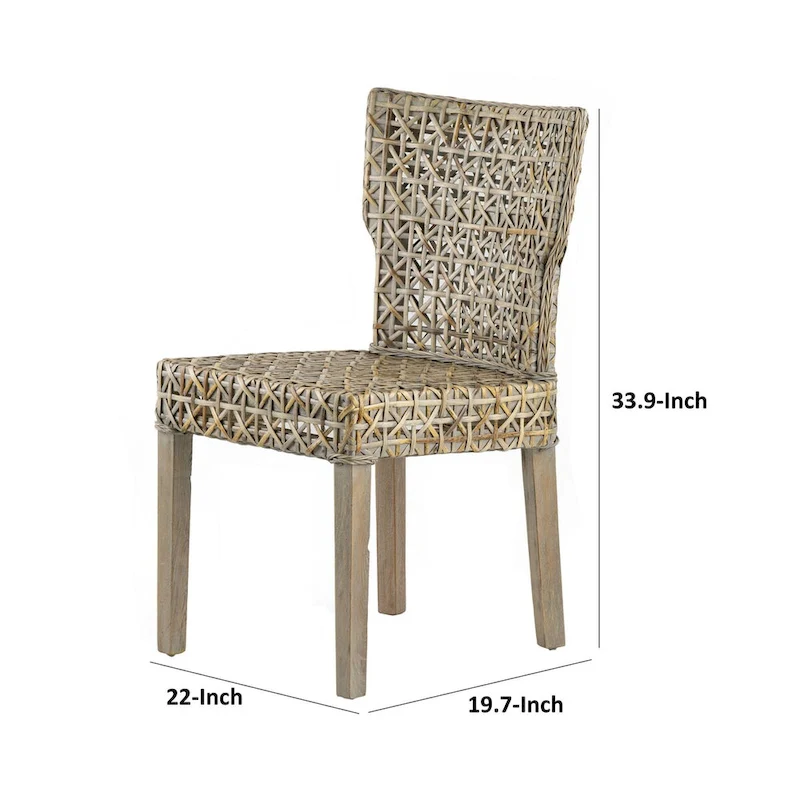 22 Inch Side Dining Chair, Woven Rattan Backrest and Seat, Weathered Gray