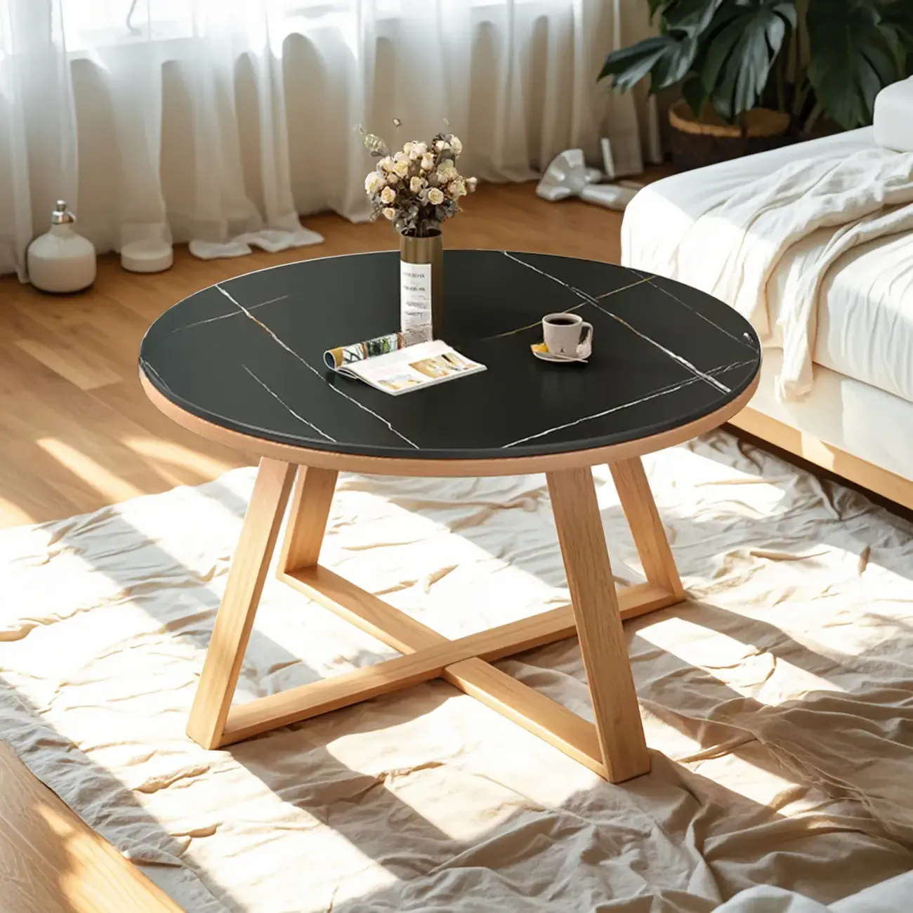 Modern Marble Round 2 Nesting Coffee Table Set with Wood Base