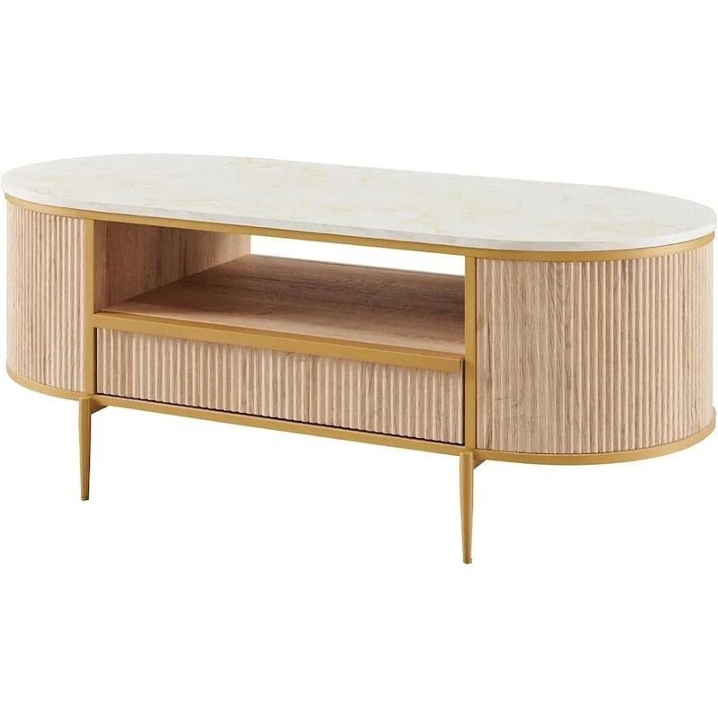 Modern Luxury Fluted Coffee Table, Center Table with Faux Marble Top