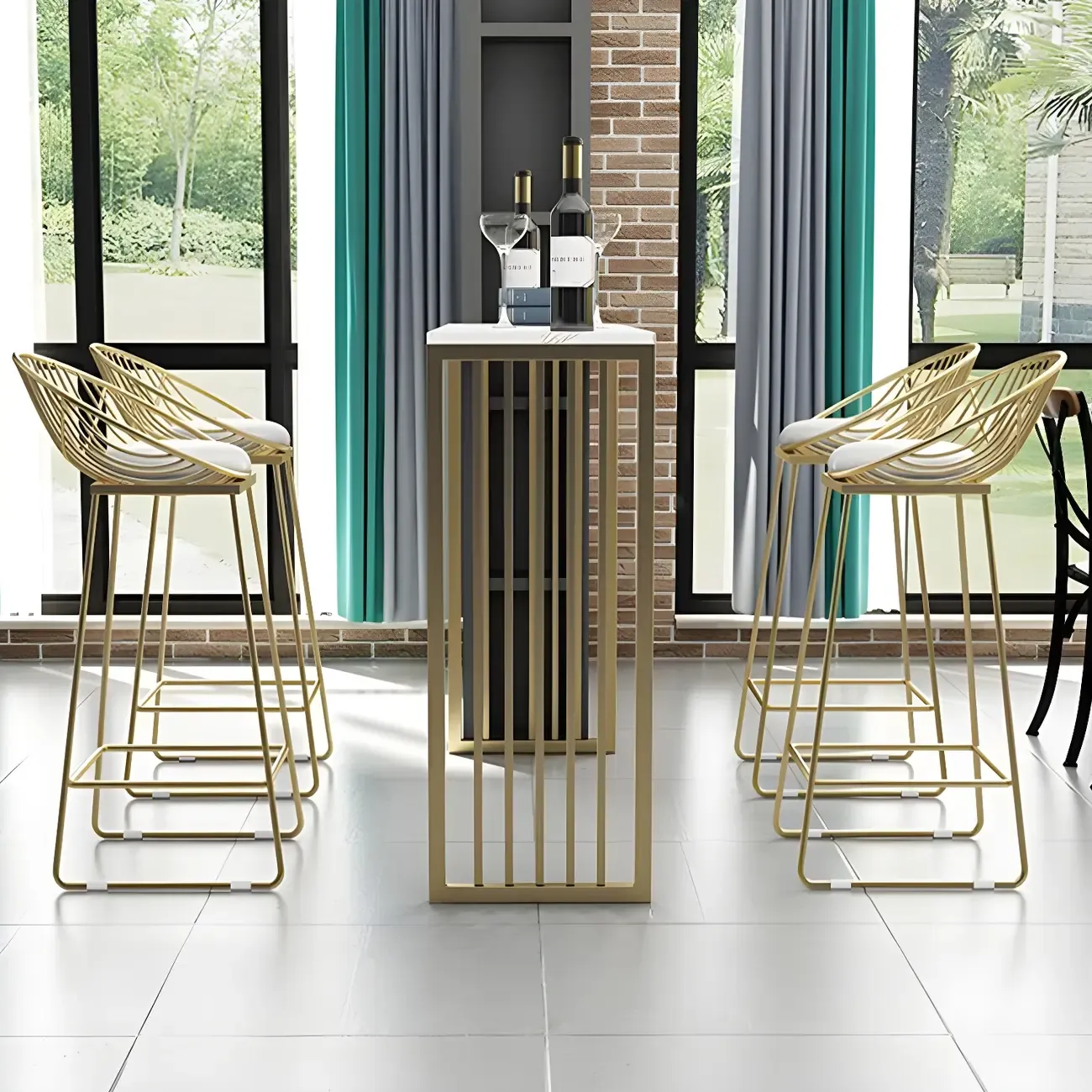 Glam White Faux Marble Gold Rail Metal Base Bar Tables