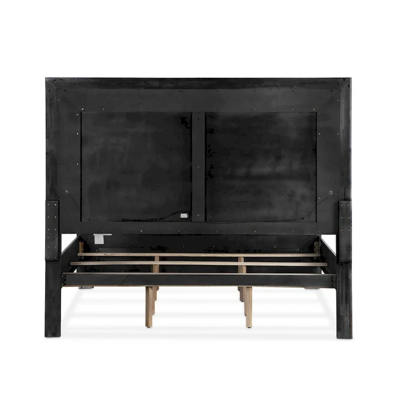 Modern Black Solid Wood Panel Bed with LED Light Headboard