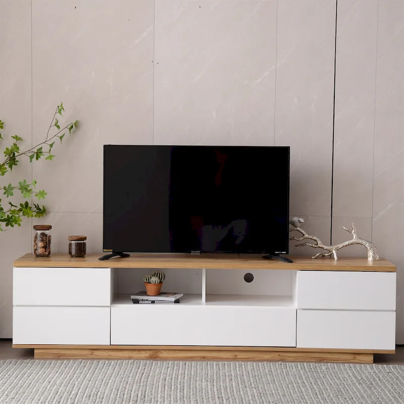 White / Natural Modern TV Stand with Push-Open Doors – Minimalist Style, Fits TVs up to 80