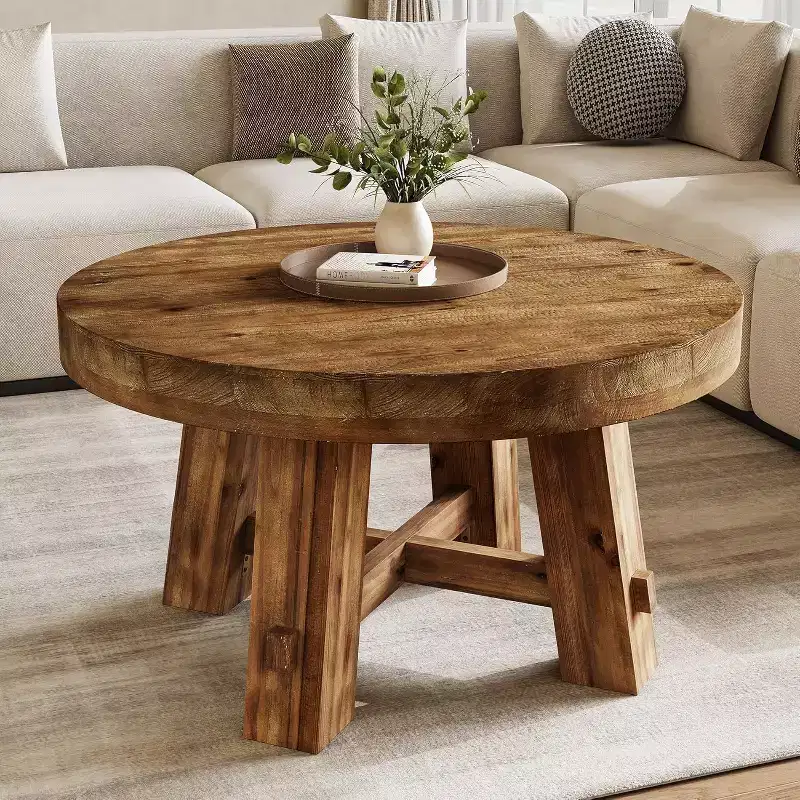 Lantine 31.5-Inch Solid Wood Coffee Table, Round Center Table with Thickened Tabletop for Living Room, Apartment, Small Space