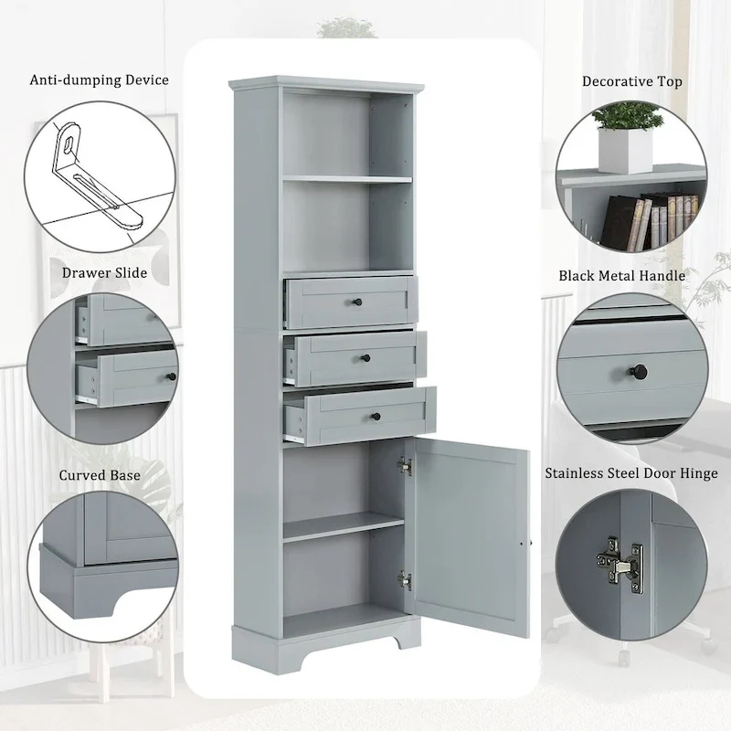 68 Tall Freestanding Bathroom Cabinet with 3 Drawers and Adjustable Shelves