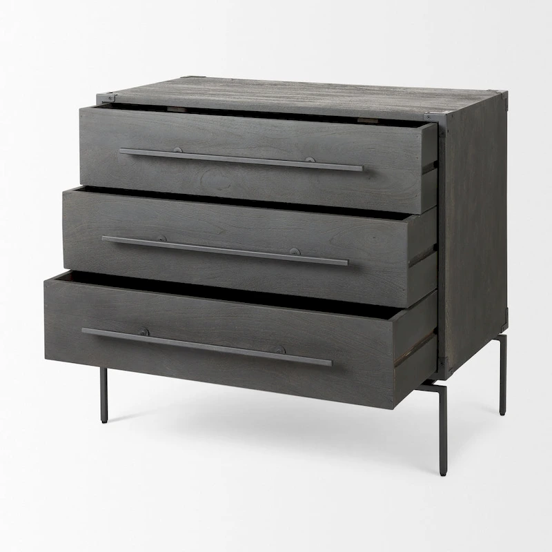 Ward Dark Brown Solid Wood w/ Black Iron Base 3 Drawer Accent Cabinet
