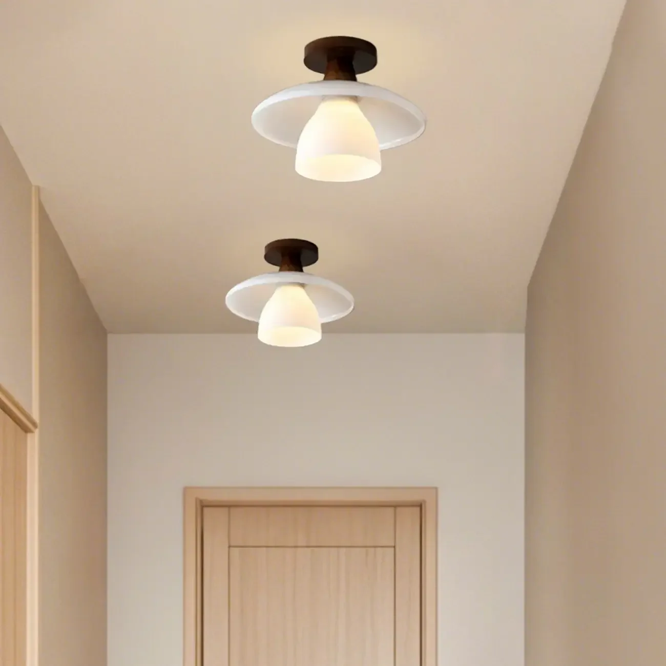Modern Mini White Glass Wooden Semi Flush Mount Ceiling Light