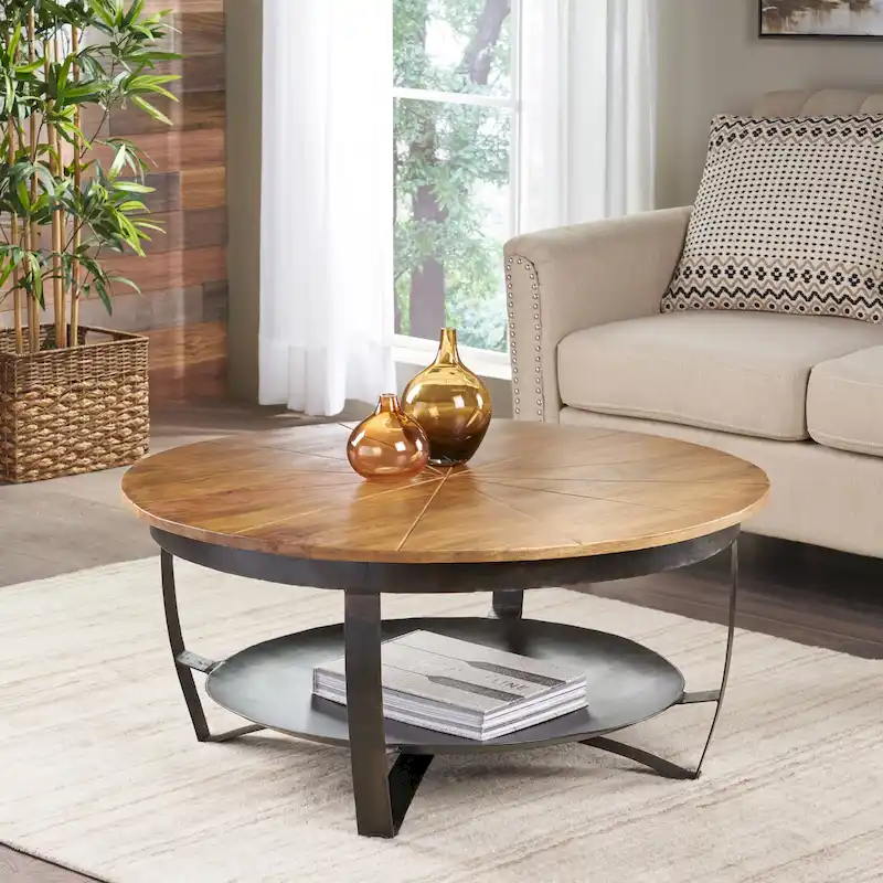 Natural + Black Round Coffee Table, Boho Industrial Style, Seats 1–4