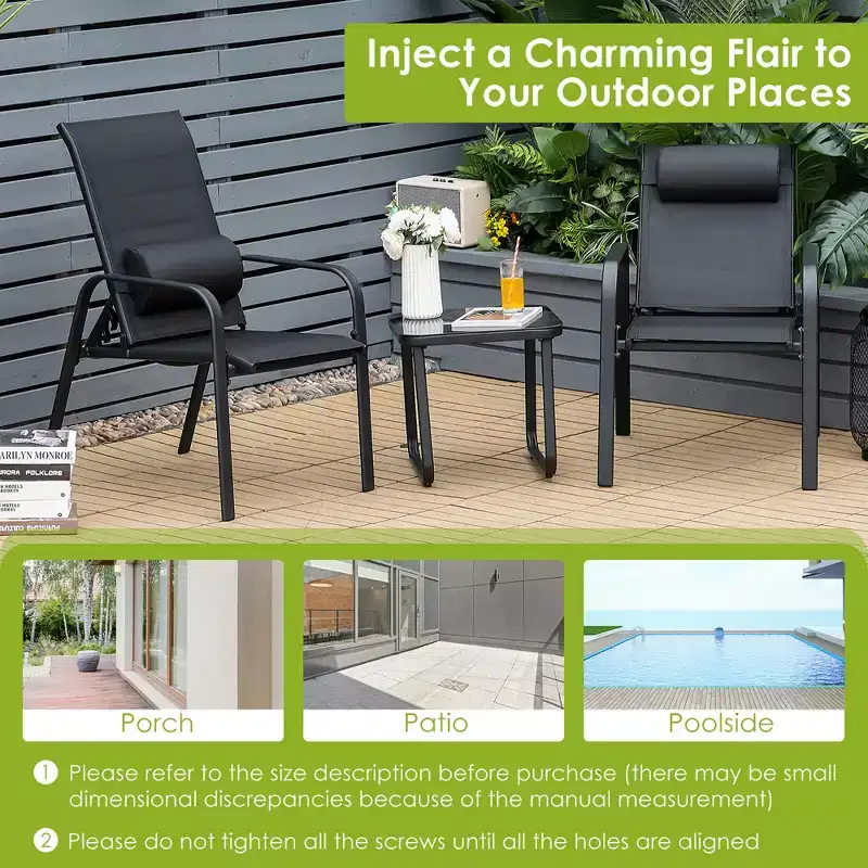 Costway 3PCS Patio Bistro Furniture Set Adjustable Back Stackable Chairs Brown\Black