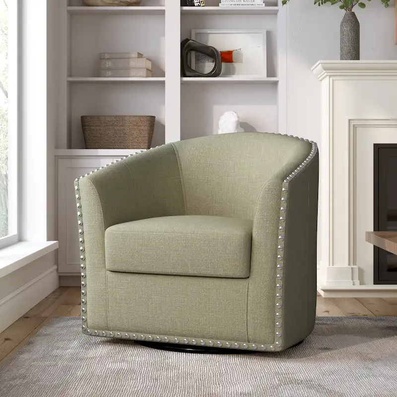 Nailhead Barrel Swivel Accent Chair – Light Camel / Grey / White / Blue / Light Grey, 1-Seat