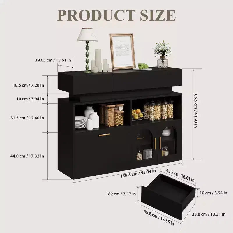 55 Coffee Bar Cabinet with 3 Drawers and 3 Doors, Kitchen Storage Sideboard for Dining Room, Living Room