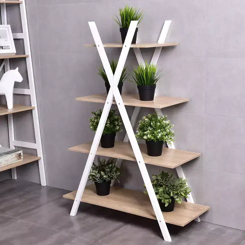 Costway 4-Tier Bookshelf Storage Display Shelves Bookcase Ladder X-Shape Brown/Black