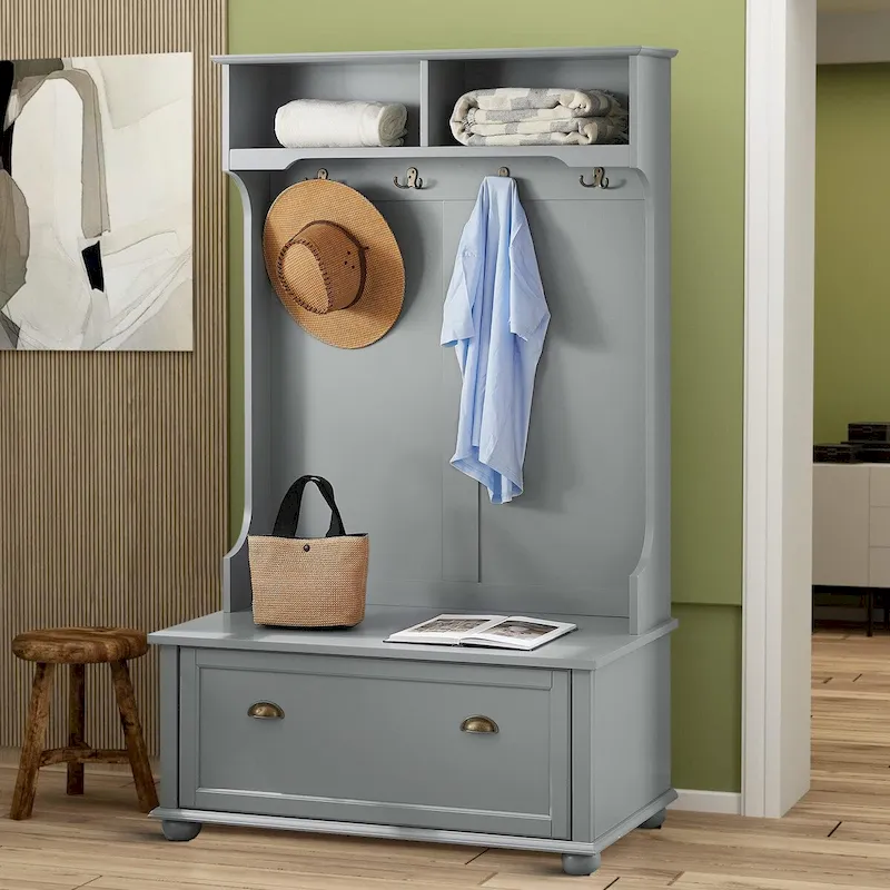 Gray / White Freestanding Hall Tree with Bench, Hooks & Cabinet – 1-Person