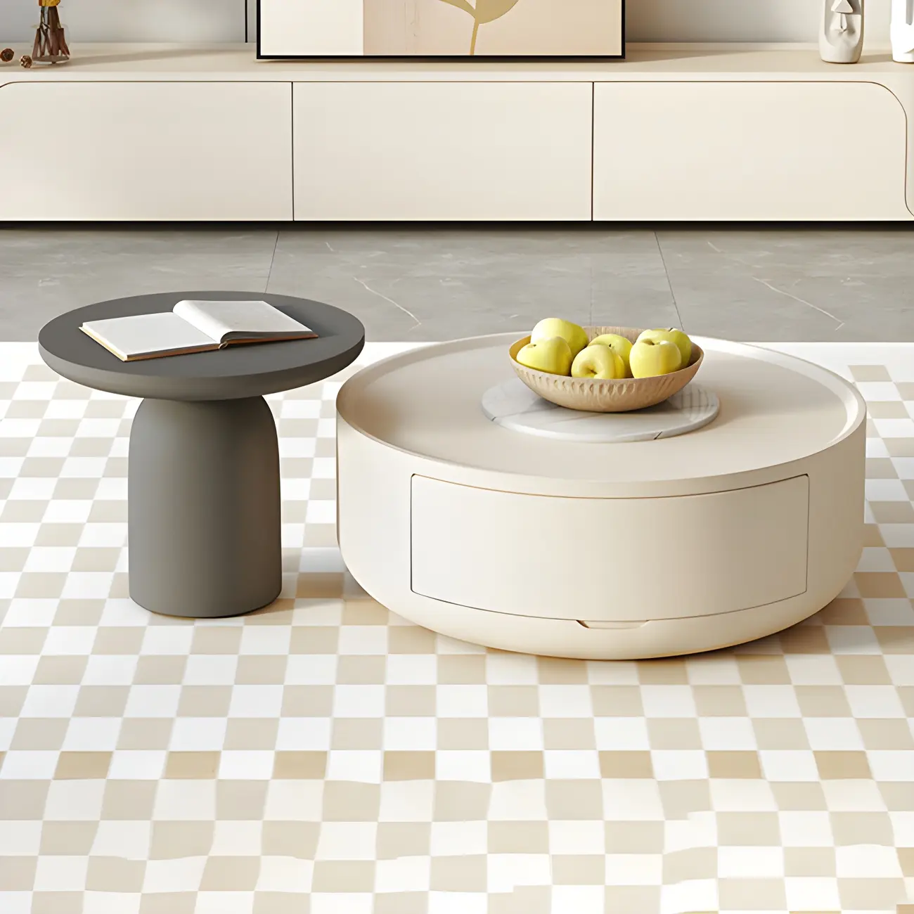 White Round Modern Drum Wood Coffee Table