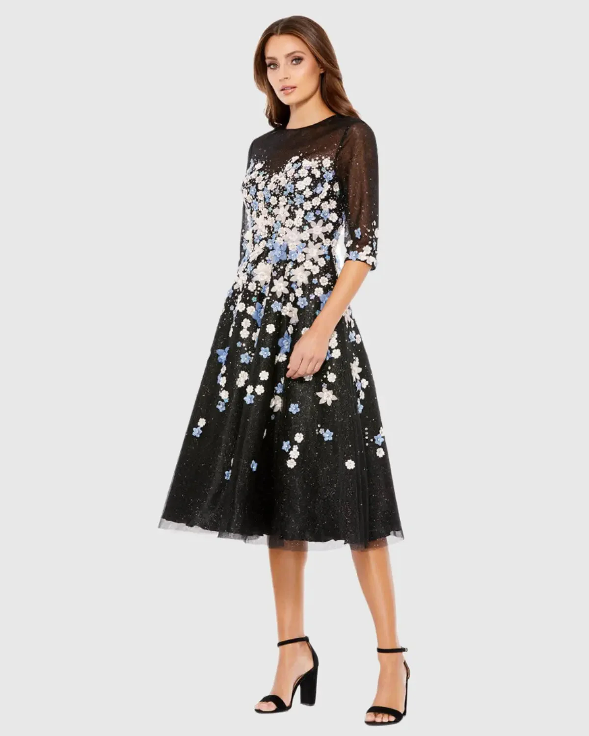 Black Floral Embroidered A-Line Tea-Length Cocktail Dress