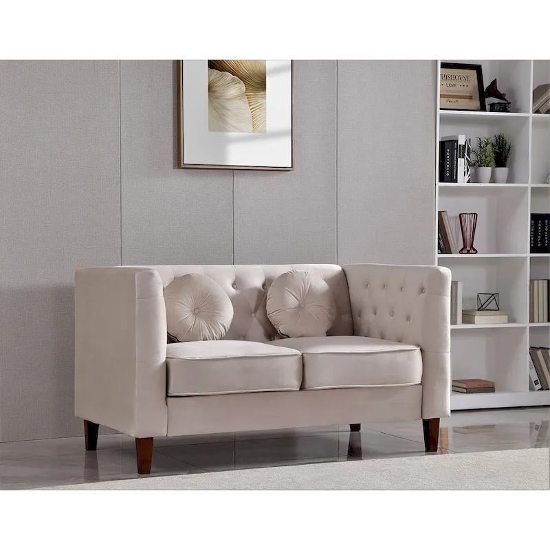 Velvet Chesterfield Loveseat with Wood Legs, 2-Person