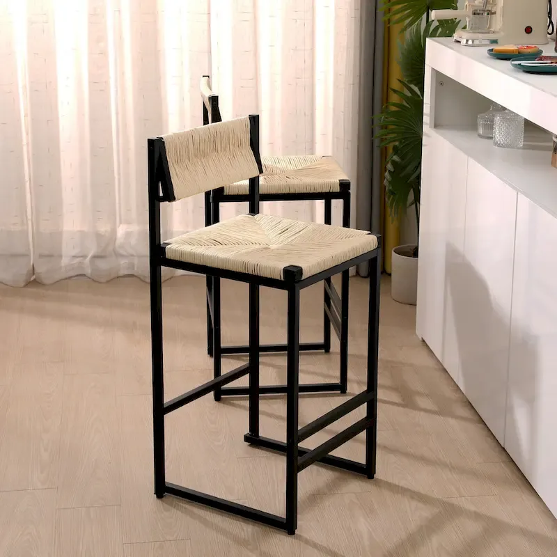 Counter Height Bar Stools Set of 2, Kichen Island Chairs with Back, Armless Dinning Room Chairs with Hand Weave