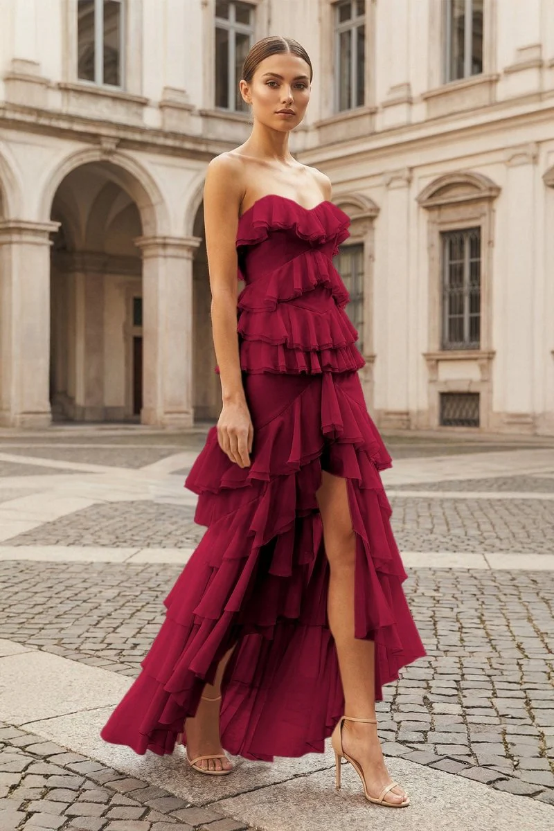 Pink Strapless Sheath Chiffon Ruffled Long Prom Dresses