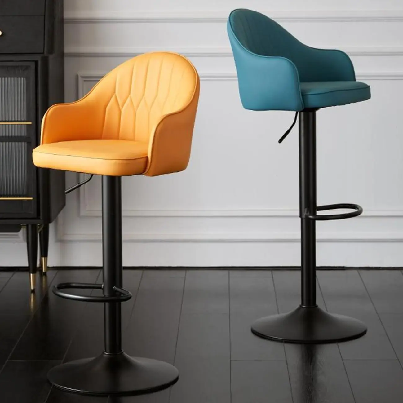 Swivel Upholstered Adjustable Height Home Armed Barstool with Metal Base