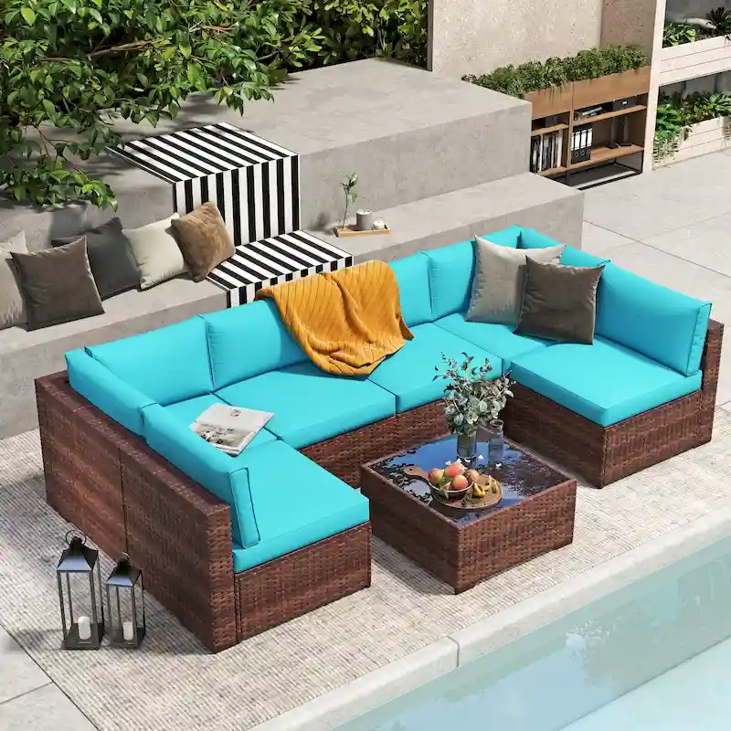 Wicker/ Steel 7-piece Outdoor Cushioned Sectional Sofa Set