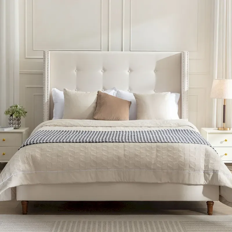 Ivory/Blue Velvet Wingback Upholstered Bed Frame, Button Tufted, Nailhead Trim, Queen/King, 2-Person