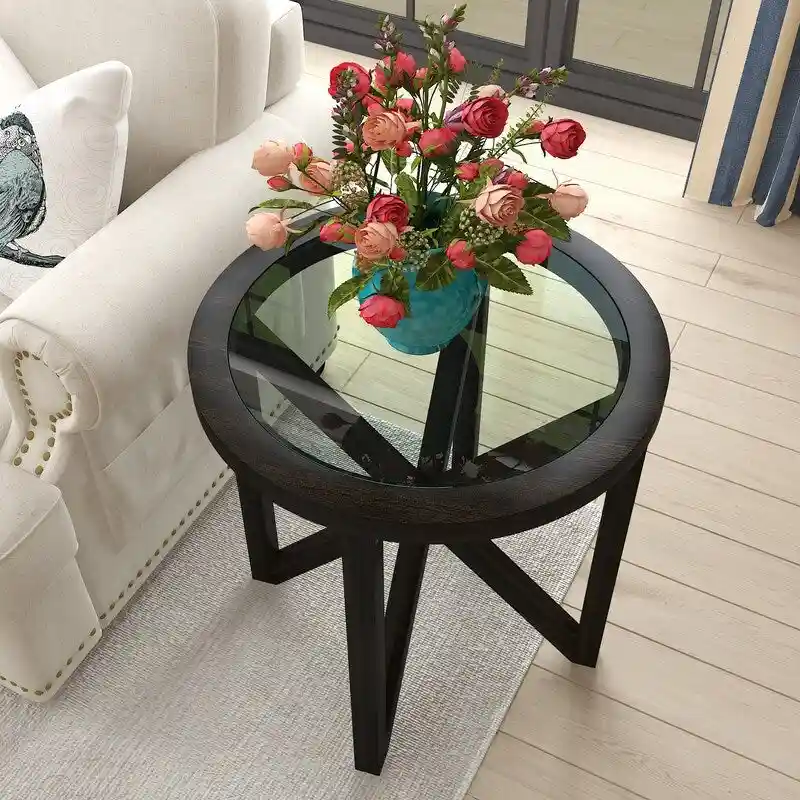 Black Round / Brown Oval Tempered Glass Top Coffee Table with X-Cross Solid Wood Base - Single Use
