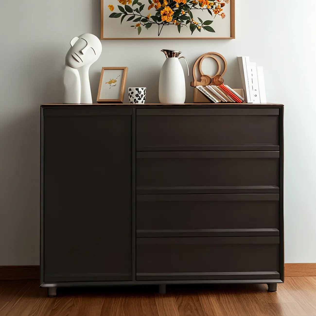 Industrial Wood Dresser with Drawers and Smooth Metal Rail