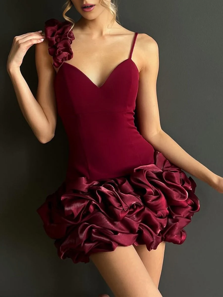 Burgundy - Sheath Spandex Ruched V Neck Homecoming Dresses with Ruffles