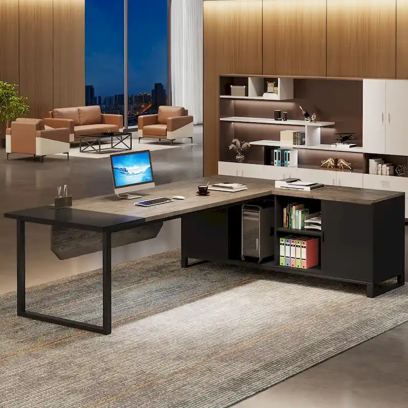 L-Shaped Computer Desk with File Cabinet | White/Black/Grey/Beige | 2-Person