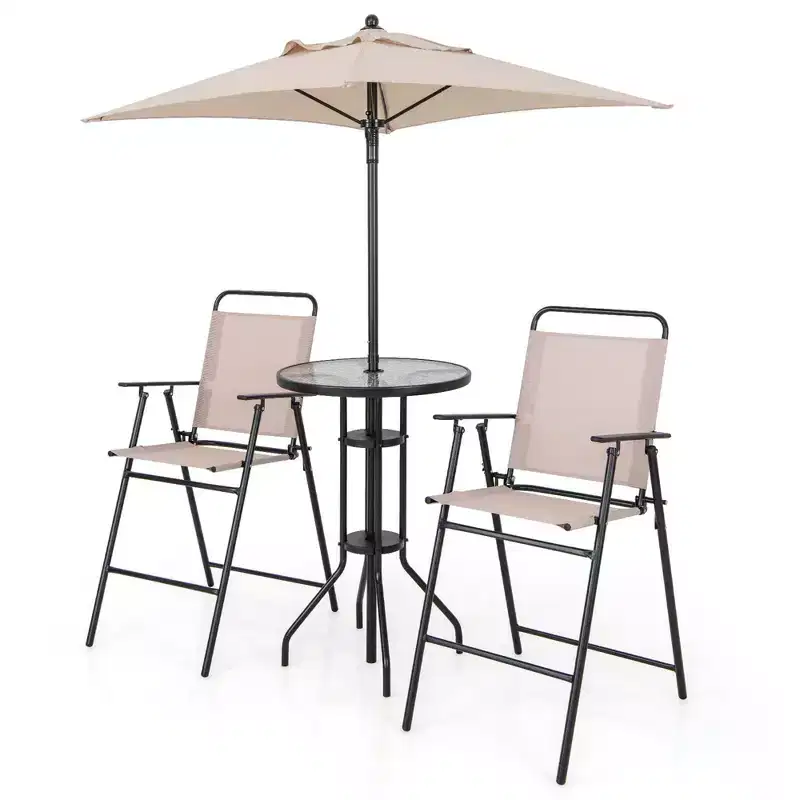 Costway 4PCS Patio Bistro Set Folding Counter Height Chairs Round Bar Table& Umbrella