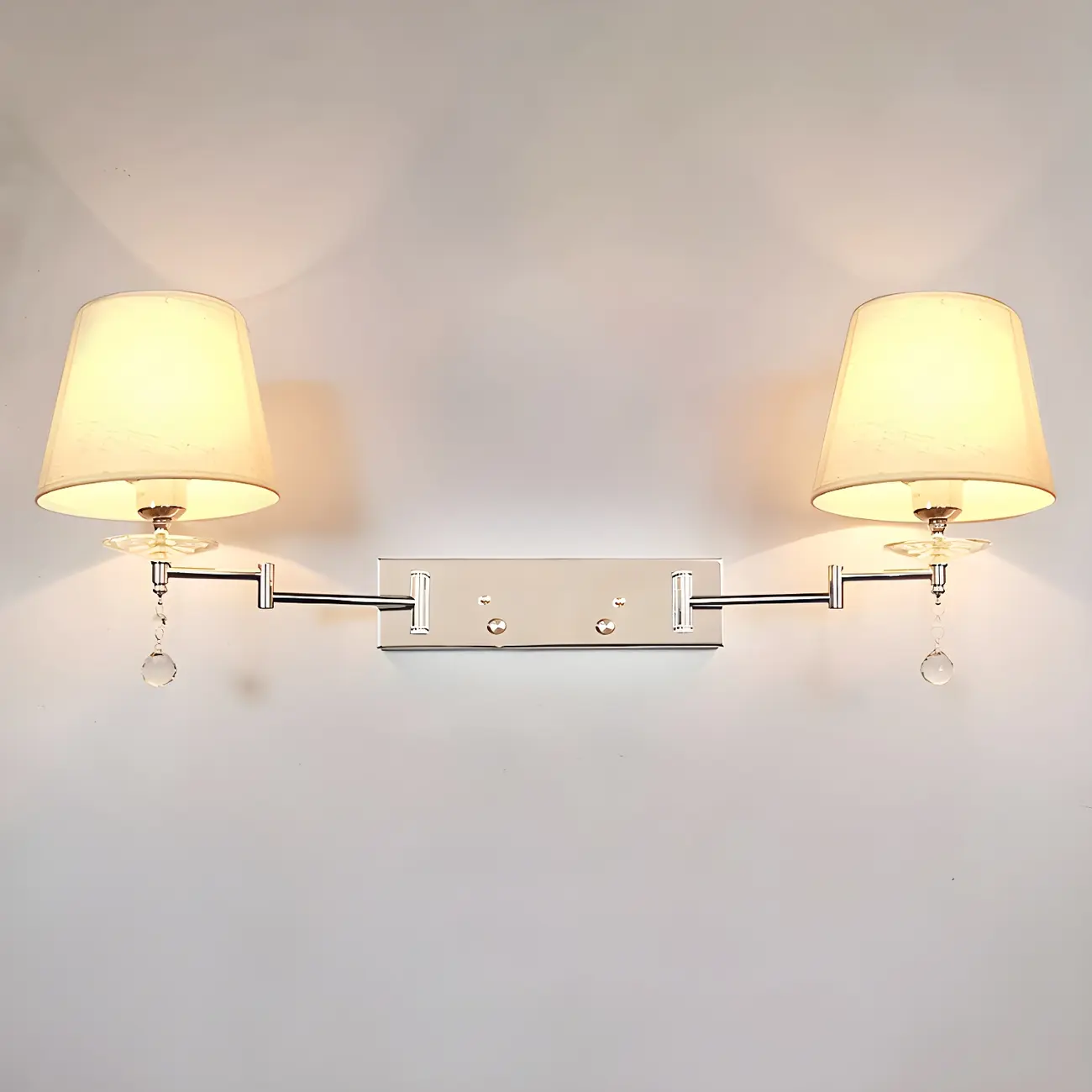 2-Light Silver Swing Arm Fabric Shade Wall Light