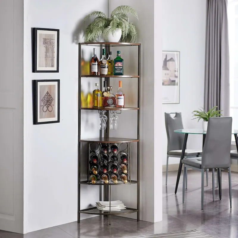 Corner Wine Rack with Wooden Shelves, Stemware Racks and Wire Wine Rack