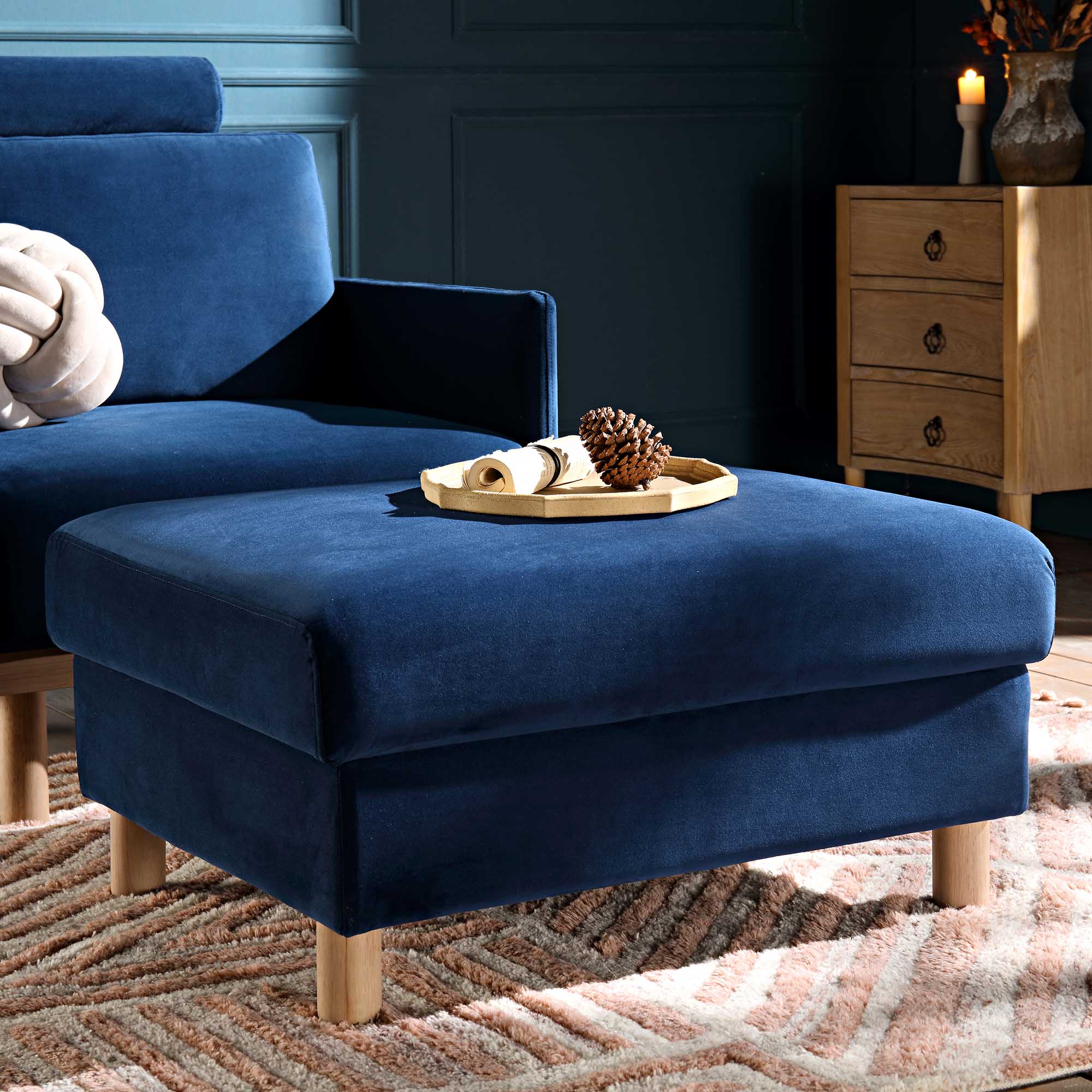 Navy Blue Velvet Storage Ottoman