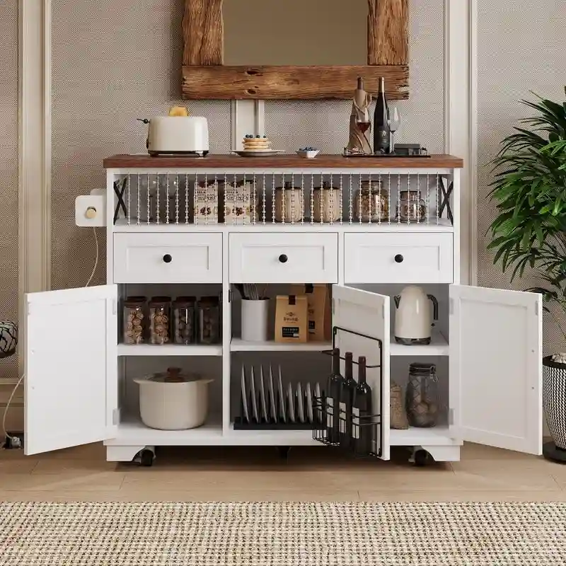 Farmhouse 46.5 Kitchen Island with Power Outlet, Rolling Kitchen Cart on Wheels with Drop Leaf