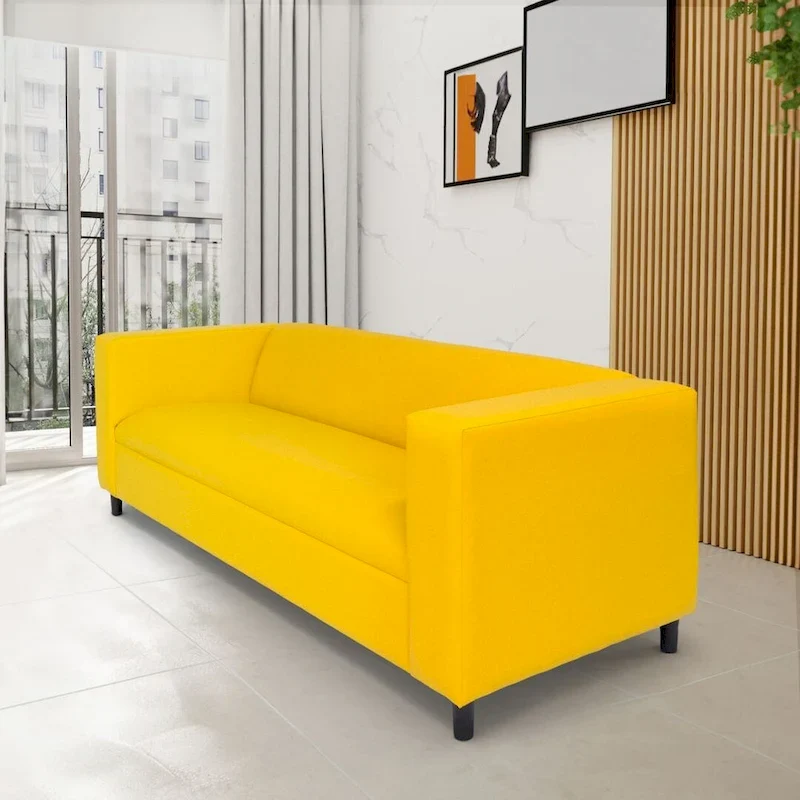 Mid-Century Modern 3-Seater Sofa, Faux Leather with Solid Wood Frame