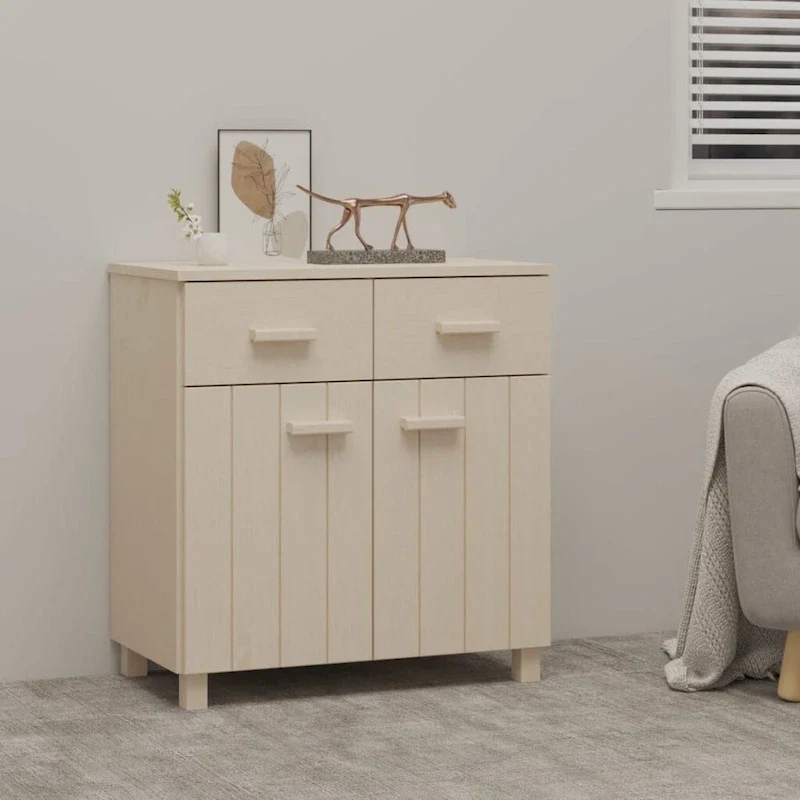 Light Gray / White Solid Pine Wood Sideboard with 2 Doors & 2 Drawers, 1-Person Assembly