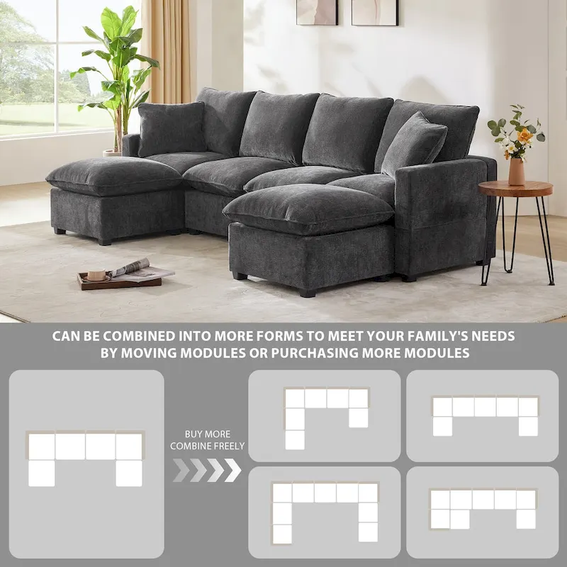 Modern 6-Seat Free Combination U-Shaped Modular Sofa, Sectional Couch Set with 2 Pillows
