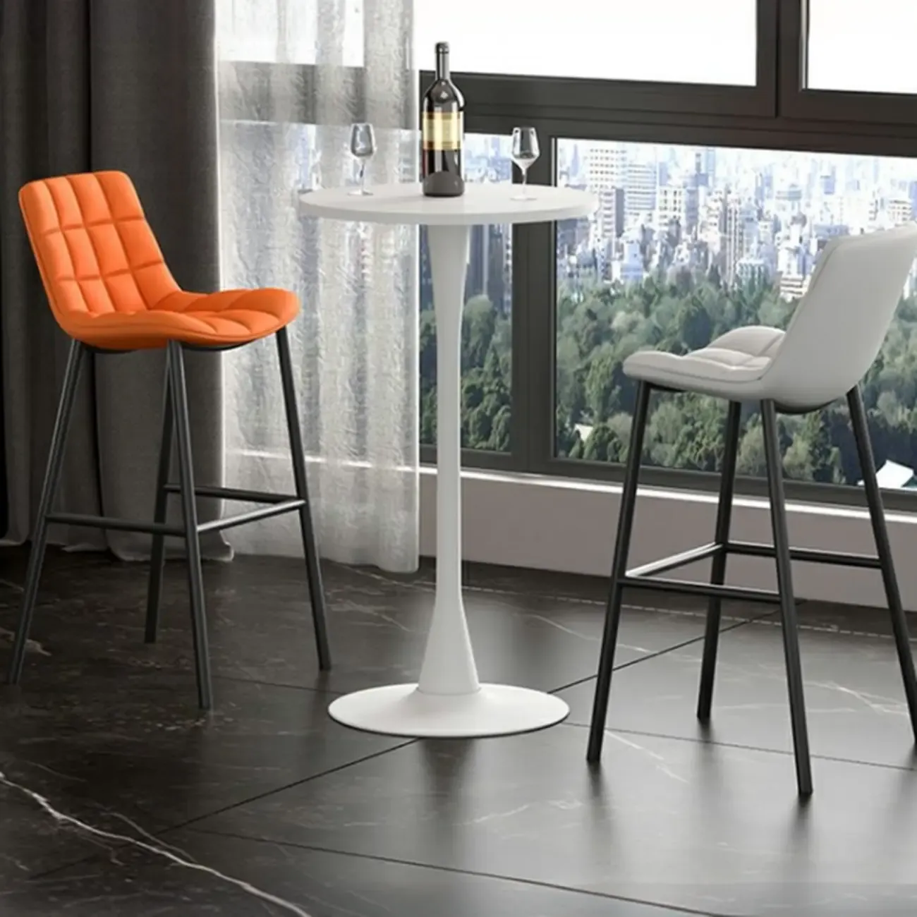 Modern Matte Black Metal Pedestal Round Wood Bar Tables