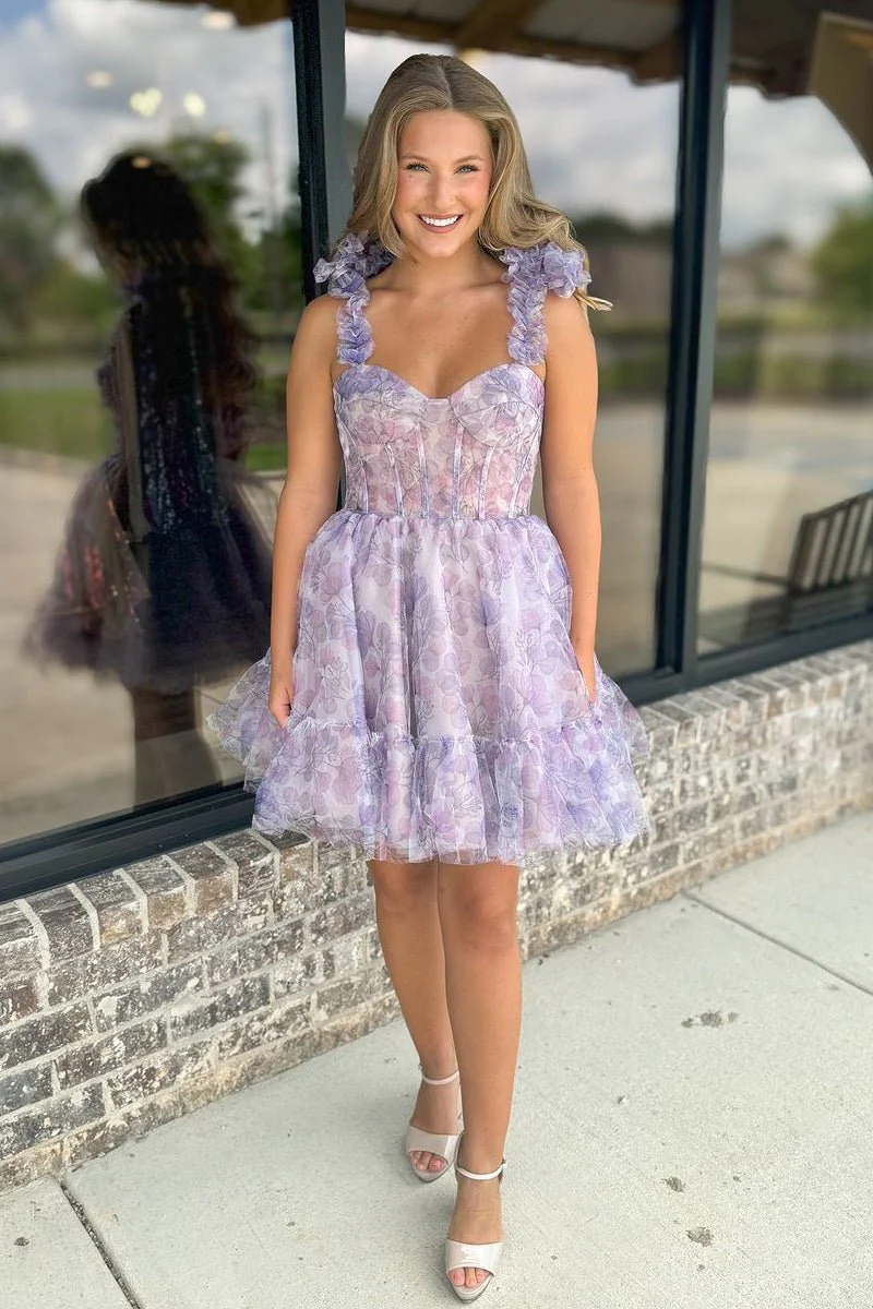 Cute A-Line Sweetheart Lavender Floral Printed Short Homecoming Dresses