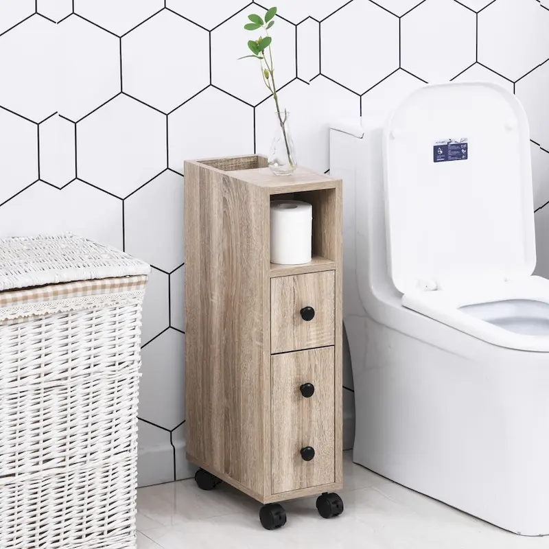 kleankin Freestanding Compact Design Bathroom Cabinet with 2 Open Cabinets, 1 Door Cabinet, 1 Drawer and 4 Rolling Wheels