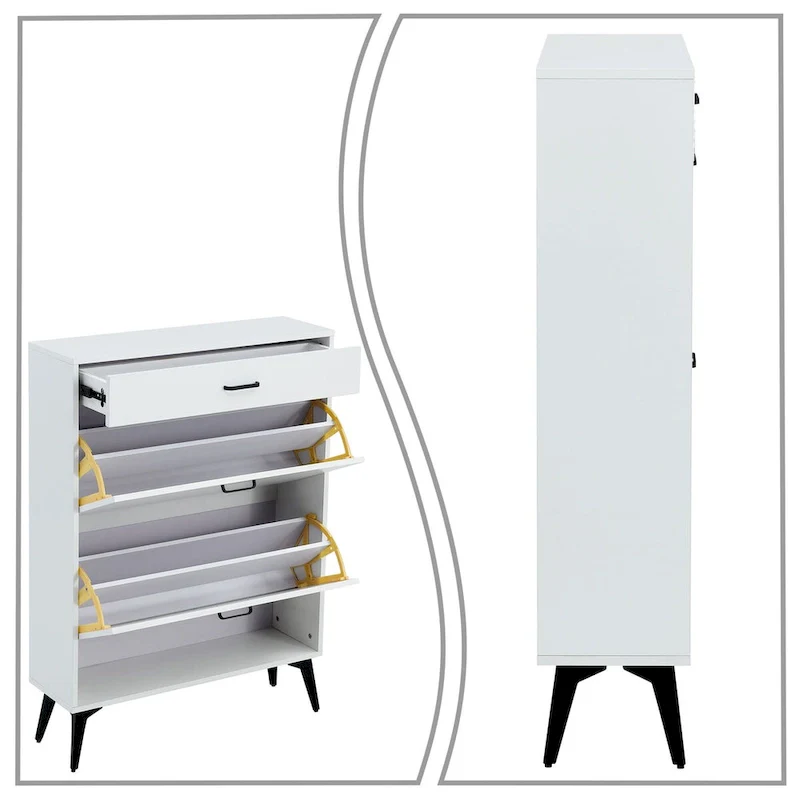 Flip-Door Wooden Shoe Cabinet, White/Antique Grey/Black, 2-Drawer, Holds 12 Pairs, for Entryway
