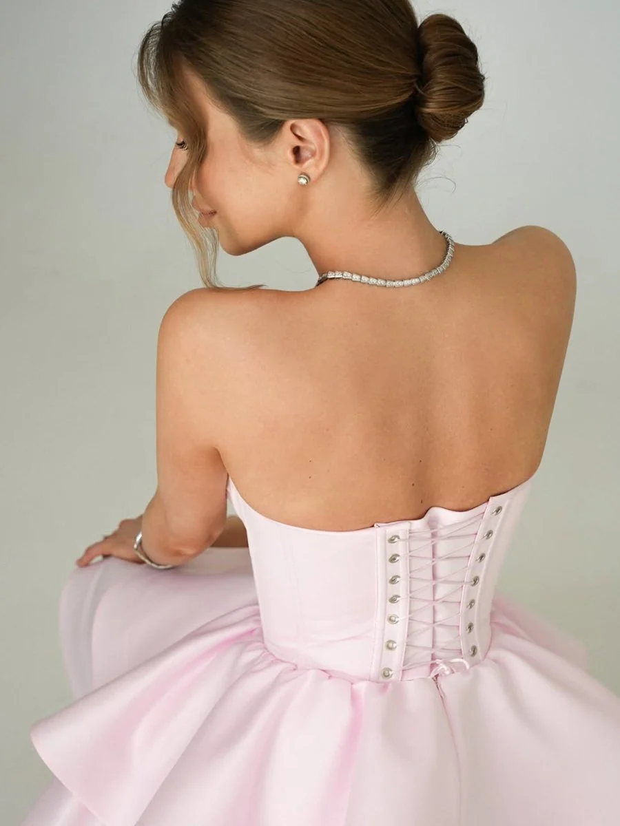 Pink - A Line Sweetheart Satin Ruffles Short Homecoming Dress