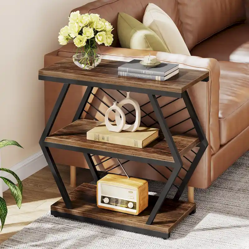3 Tier End Table with Storage, Industrial Side Table with 3 Open Storage Shelves